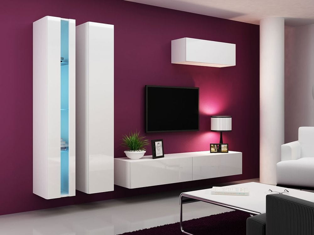 Veneti Stena do obývacej izby s LED modrým osvetlením ASHTON N1 - biela / lesklá biela